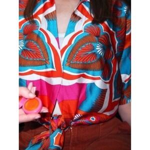 Peach Womens XL Multicolor Geometric Medallion Print Front Tie Crop Top